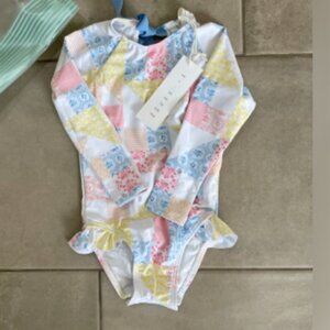 Minnow girls Multicolor patchwork long sleeve rash guard swim suit Sz 1